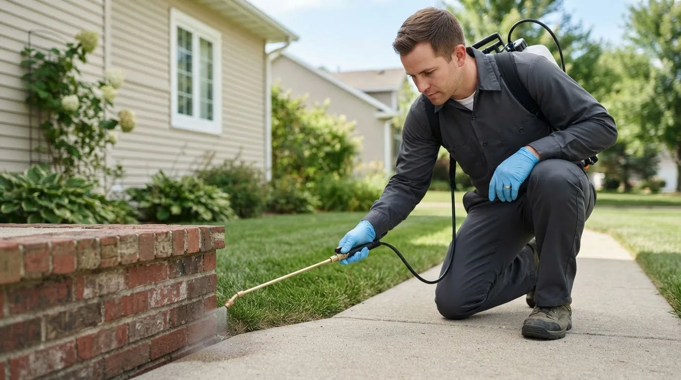 Pest control technician treating a home near Lawrence, MS